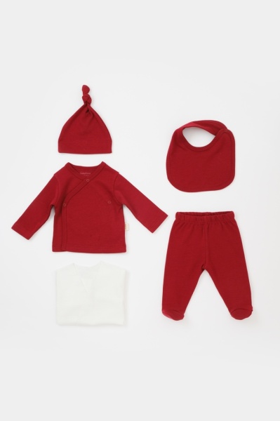 Set de 5 piese pentru nou nascut - 100% bumbac organic - Rosu, BabyCosy