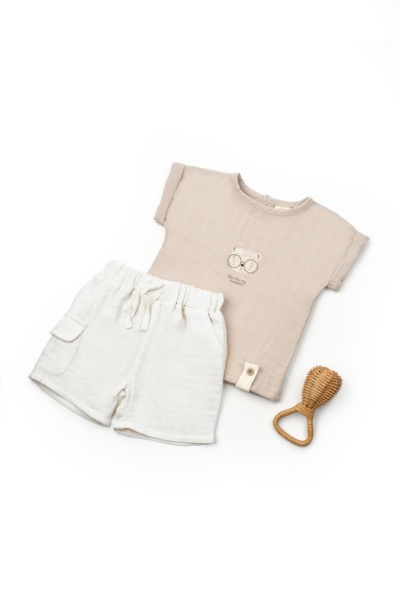 Set tricou maro cu pantaloni scurti TeddyBear, 100% bumbac organic, BabyCosy