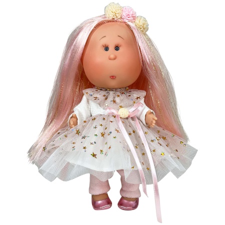 Papusa Nines D'Onil, Mia, cu parul roz, cu sclipici, cu articulatii, cu miros de vanilie, 30 cm