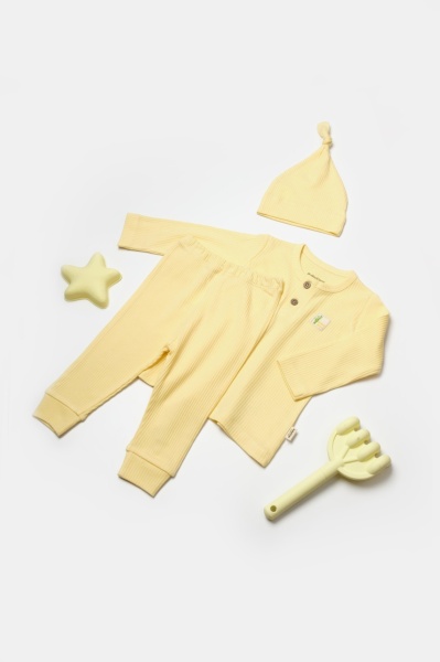 Set 3 piese:bluza, pantaloni si caciulita Bamboo, galben, BabyCosy, 50% bumbac+50%bambus