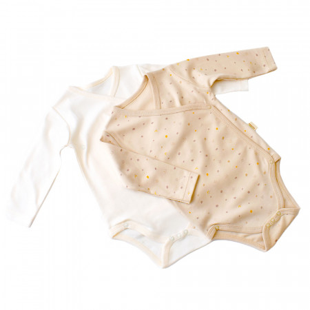 Set 2 body-uri cu maneca lunga petreceute bebe unisex -100% bumbac organic - Crem cu buline, Baby Cosy