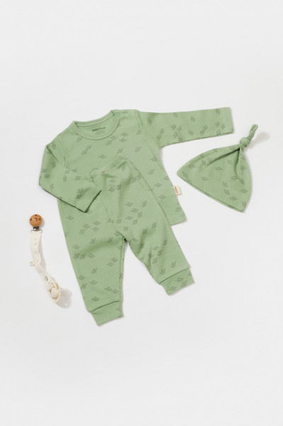 Set 3 piese:bluza, pantaloni si caciulita Printed, BabyCosy, 50% modal+50% bumbac, Verde