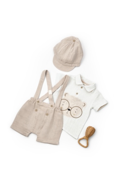 Set tricou, salopeta si sapca TeddyBear, 100% bumbac organic, BabyCosy