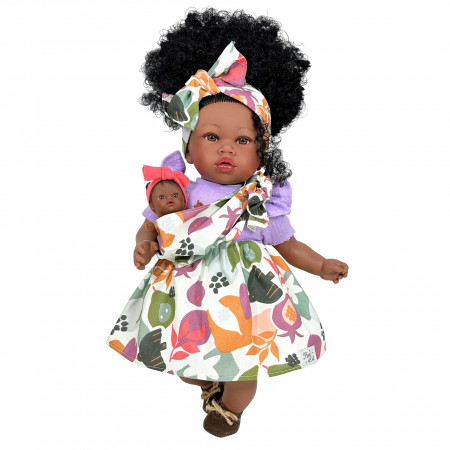 Papusa Nines DOnil, Maria Afro, cu sunete, cu bebelus, cu rochie mov, cu miros de vanilie, 45 cm