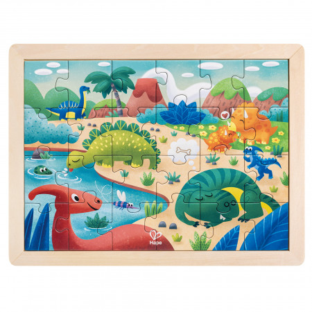 Puzzle din lemn 2 in 1 - Dinozauri (26 piese), cu fata dubla si activitate colorare - Img 1