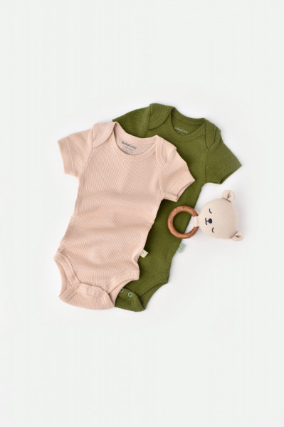 Set 2 body-uri bebe unisex din bumbac organic si modal - Verde/Blush