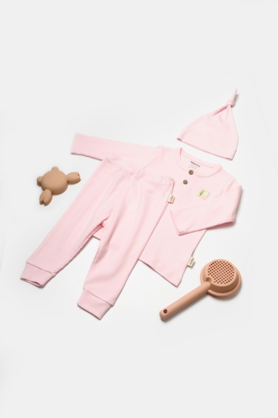 Set 3 piese:bluza, pantaloni si caciulita Bamboo, roz, BabyCosy, 50% bumbac+50%bambus