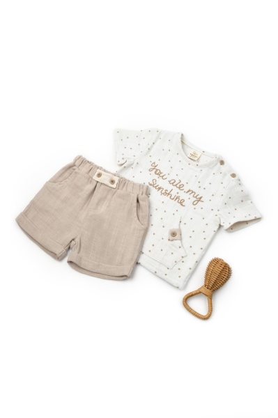 Set tricou cu pantaloni scurti TeddyBear, 100% bumbac organic, BabyCosy