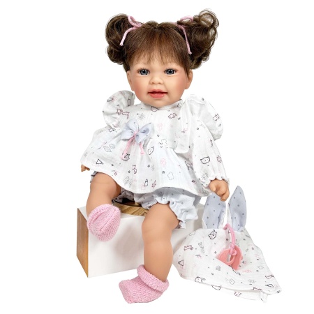 Papusa Nines D'Onil, Little Susi Dou Dou, cu sunete, cu parul saten, cu jucarie, cu miros de vanilie, 40 cm