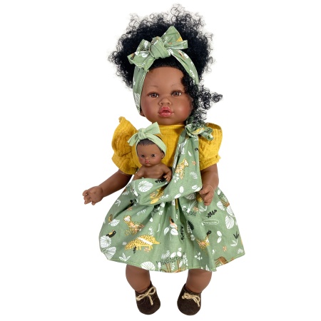 Papusa Nines D'Onil, Maria Afro, cu sunete, cu bebelus, cu rochie verde, cu miros de vanilie, 45 cm