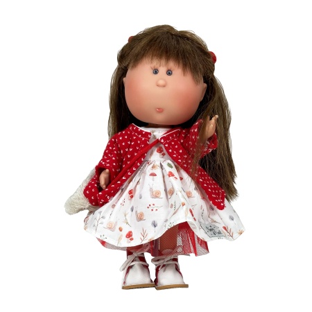 Papusa Nines D'Onil, Mia, cu parul saten si palton rosu, cu articulatii, cu miros de vanilie, 30 cm