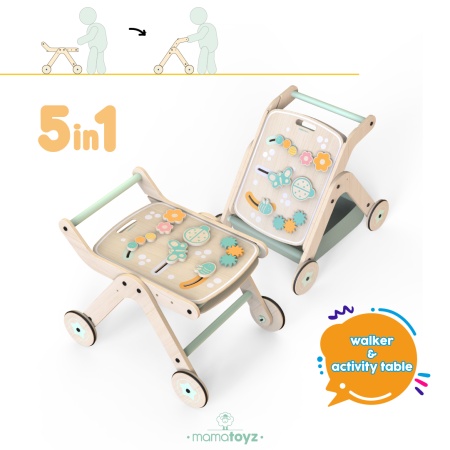 Antepremergator model BBQ din lemn 5 in 1 MamaToyz cu masuta de activitati