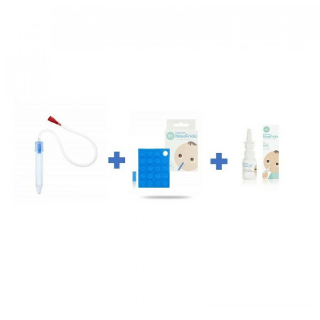Kit aspirator nazal, FridaBaby, 3 in 1, Cu spray cu apa de mare, 10 filtre igienice, Testat si recomandat de pediatrii suedezi, Fara ftalati si BPA, Transparent