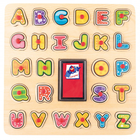 Puzzle din lemn cu butoni - Alfabet cu stampile si tusiera