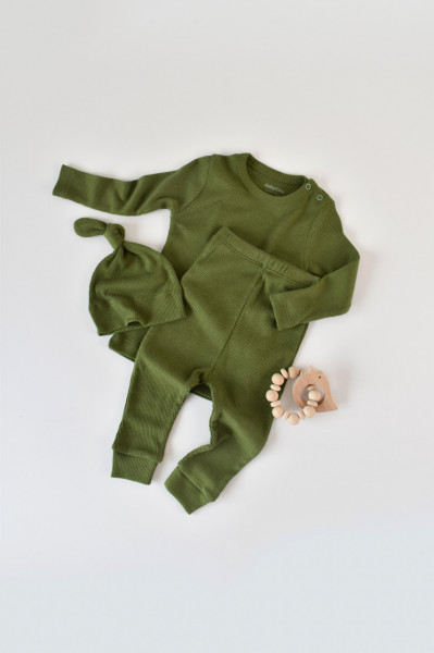 Set 3 piese: bluzita cu maneca lunga, panataloni lungi si caciulita din bumbac organic si modal - Verde, Baby Cosy