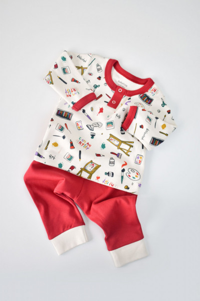 Set bluzita cu maneca lunga si nasturei si panataloni lungi, 100% bumbac organic, BabyCosy, Rosu