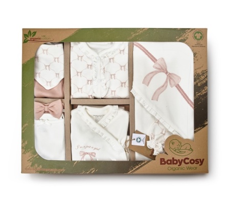 Set de 10 piese pentru nou nascut, Bow, powder, 100% bumbac organic, BabyCosy