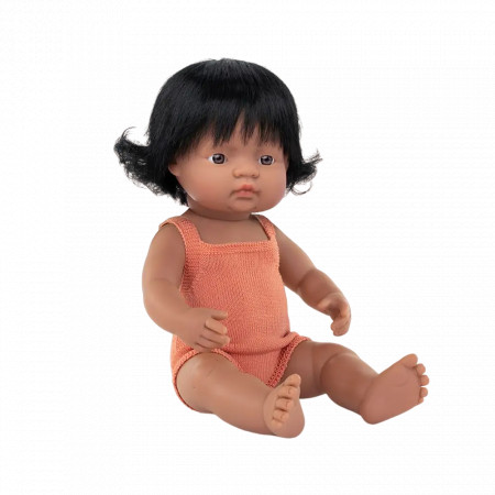 Papusa 38 cm, fetita latino, imbracata in salopeta tricotata - Img 1