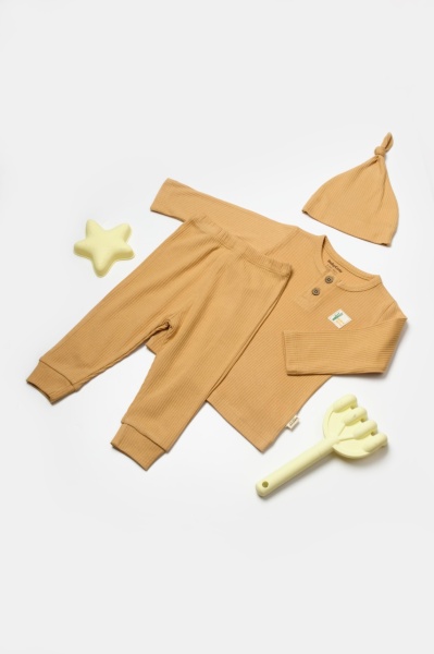 Set 3 piese:bluza, pantaloni si caciulita Bamboo, maro, BabyCosy, 50% bumbac+50%bambus