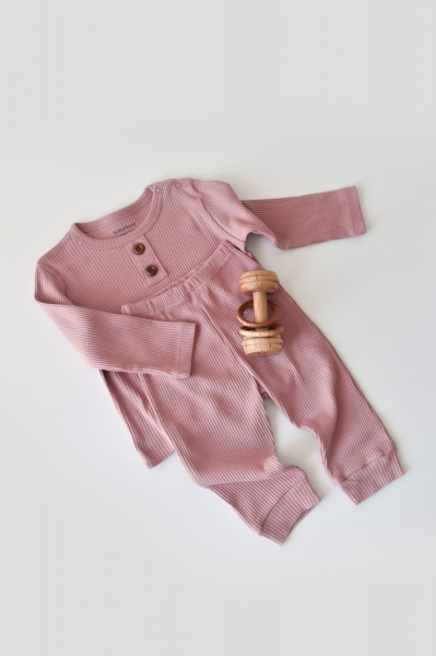 Set bluzita cu maneca lunga si panataloni lungi din bumbac organic si modal - Roz