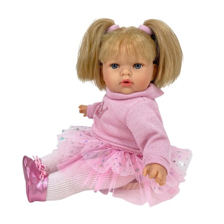 Papusa Nines D'Onil, Tita, cu parul blond, cu fusta plumeti roz, cu miros de vanilie, 45 cm