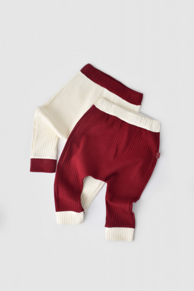 Set 2 pantaloni Ribana Bebe Unisex din bumbac organic si 5%elastan - Ecru/Bordo, Baby Cosy