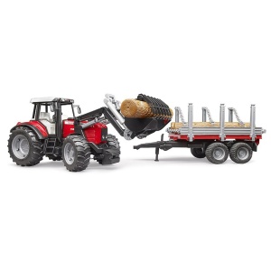 Bruder - Tractor Massey Ferguson 7480 Cu Incarcator Frontal Si Remorca Pentru Lemne - Img 2