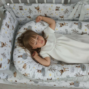 MimiNu - Cosulet bebelus pentru dormit cu doua fete, Baby Nest 105x66 cm, Husa 100% bumbac si catifea moale, Cu salteluta din burete, Detasabila, Velvet Forest/Mint
