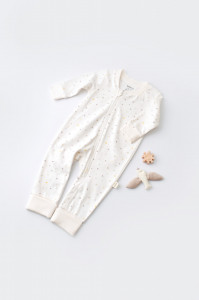 Salopeta cu fermoar cu maneca lunga si panataloni lungi - 100%bumbac organic - Ecru cu buline, Baby Cosy