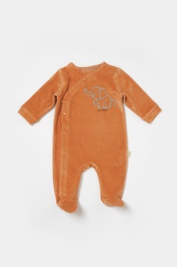 Salopeta Elefant cu maneca lunga si botosei din 80%bumbac organic si 20% poliester - Caramiziu, BabyCosy
