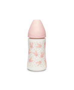 Biberon 270 ml cu tetină rotundă din silicon, 3 fluxuri, iepuraș roz Hygge Suavinex