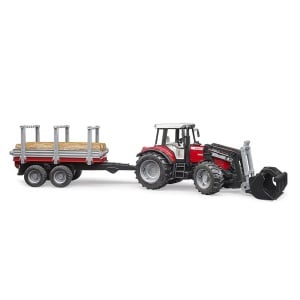 Bruder - Tractor Massey Ferguson 7480 Cu Incarcator Frontal Si Remorca Pentru Lemne - Img 3