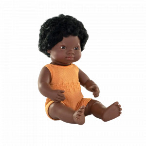 Papusa 38 cm, fetita africana, imbracata in salopeta tricotata - Img 1