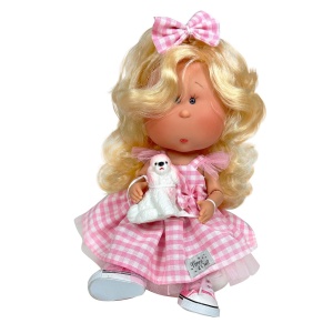 Papusa Nines D'Onil, Mia, cu parul blond, cu catel, cu articulatii, cu miros de vanilie, 30 cm - Img 2