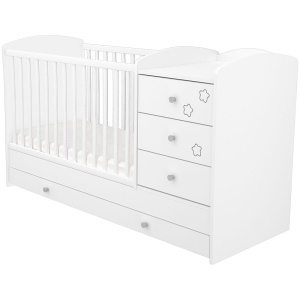 Patut copii transformabil din lemn cu 4 sertare Hubners Matei Kombi 120x60 cm alb cu stelute - Img 1