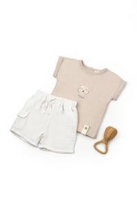 Set tricou maro cu pantaloni scurti TeddyBear, 100% bumbac organic, BabyCosy