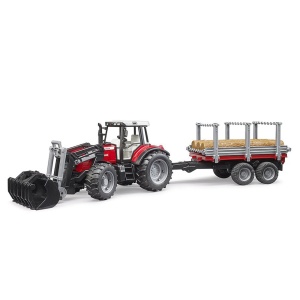Bruder - Tractor Massey Ferguson 7480 Cu Incarcator Frontal Si Remorca Pentru Lemne - Img 4