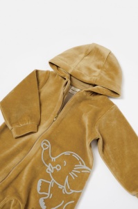 Salopeta Elefant cu maneca lunga si gluga din 80%bumbac organic si 20% poliester - Mustar, BabyCosy