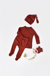 Set 4 piese: bluza, pantaloni, caciulita si manusi din bumbac organic si modal - Caramiziu, Baby Cosy