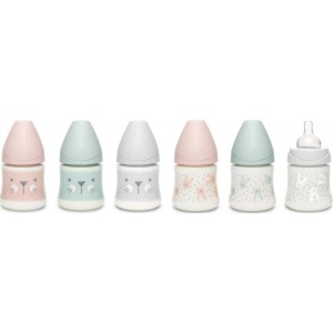 Biberon 150 ml cu tetină rotundă din silicon, debit lent, iepuraș roz Hygge Suavinex