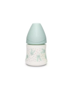Biberon 150 ml cu tetină rotundă din silicon, debit lent, iepuraș verde Hygge Suavinex