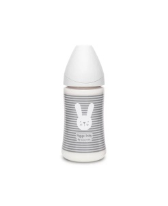 Biberon 270 ml cu tetină rotundă din silicon, 3 fluxuri, iepuraș cu lunii gri, Hygge Suavinex