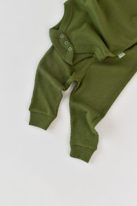 Set 3 piese: body cu maneca lunga, panataloni lungi si caciulita din bumbac organic si modal - Verde, Baby Cosy