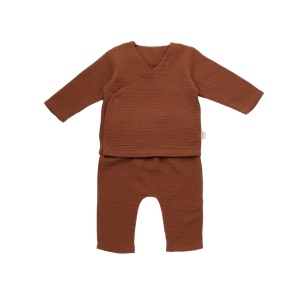 Set bluzita petrecuta si panataloni lungi din muselina, Baby Cosy, 100% bumbac organic, Caramiziu