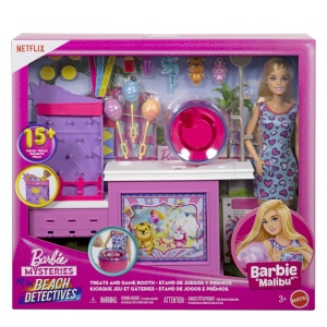 BARBIE MYSTERIES DETECTIVI PE PLAJA SET CABINA DE JOCURI SI PAPUSA BARBIE MALIBU CU ACCESORII