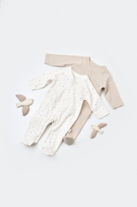 Set 2 salopetele cu maneca lunga si panataloni lungi cu botosei - 100%bumbac organic - Ecru cu buline, Baby Cosy