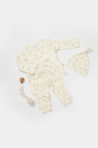Set 3 piese:bluza, pantaloni si caciulita Printed, BabyCosy, 50% modal+50% bumbac, Ecru