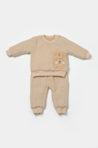 Set bluza dublata si pantaloni Ursulet, Winter muselin, 100% bumbac - Apricot, BabyCosy