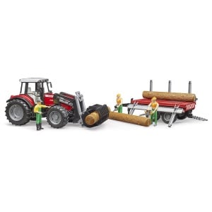 Bruder - Tractor Massey Ferguson 7480 Cu Incarcator Frontal Si Remorca Pentru Lemne - Img 1