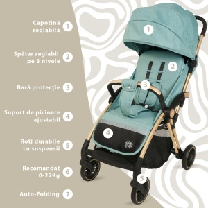 Carucior Sport AppeKids – Upp – Ultracompact, Pliere automata, De la nastere la 22kg - River Green - Img 2
